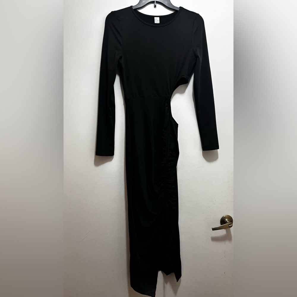 Long Sleeve Bodycon Midi Dress w/ Waist Cutout & High Slit
